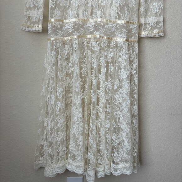 Gunne Sax by Jessica McClintock Vintage 80's Lace Drop Waist Bridal Midi Dress - Picture 12 of 13